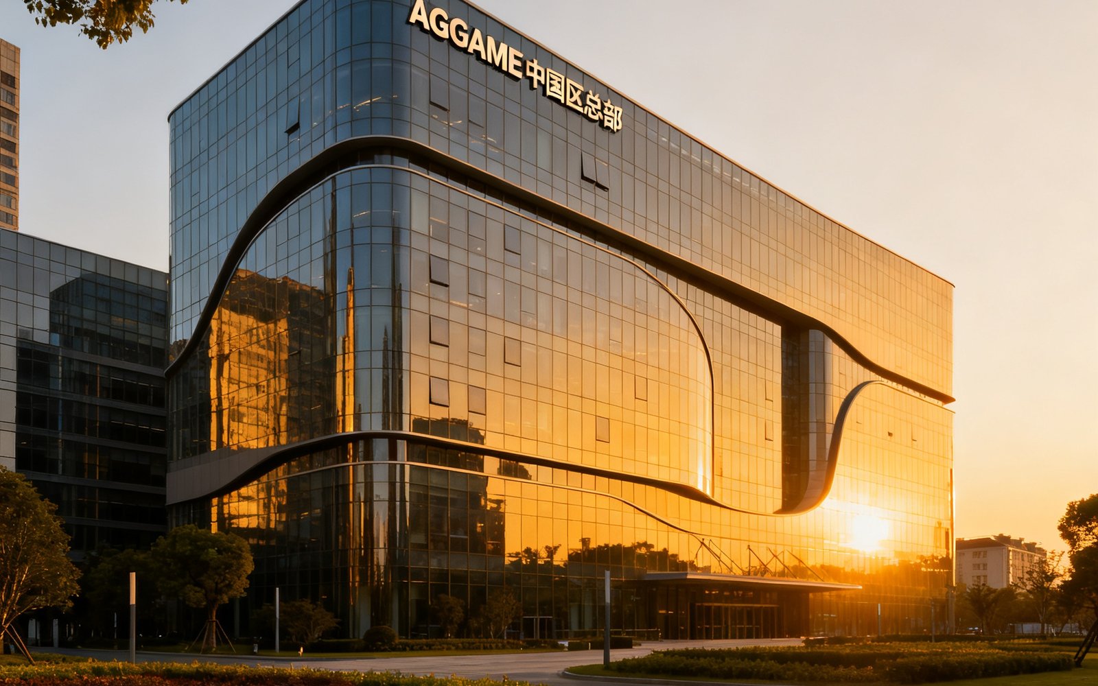 AGGAME中国区总部所在的上海浦东数码港大厦外观，现代化玻璃幕墙建筑在傍晚金色阳光下熠熠生辉，楼前绿化带整洁有序
