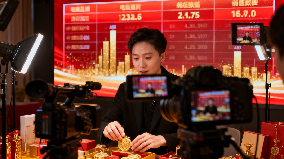 2025年跨年电商大促直播现场画面，主播在精心布置的直播间内展示商品，多台摄像机从不同角度捕捉细节，背景LED屏幕实时滚动销售数据