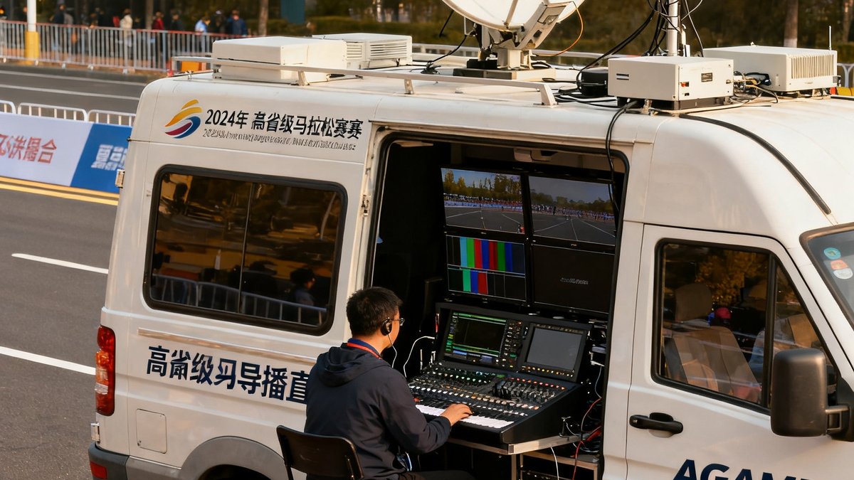 2024年某省级马拉松赛事直播现场，AGGAME移动导播车停在赛道旁，技术人员在车内操作设备，车顶卫星天线和4G聚合设备确保信号稳定