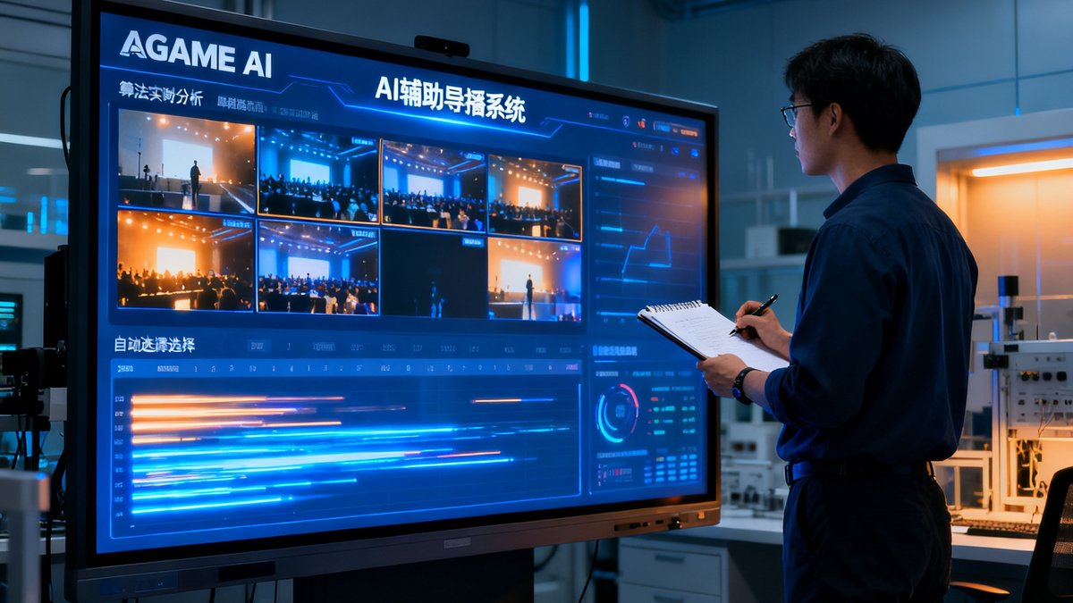 AGGAME AI实验室内，大屏幕上展示着AI辅助导播系统的界面，算法正在实时分析多路视频流并自动选择最佳画面，工程师在旁记录数据