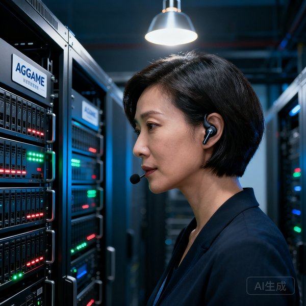AGGAME首席技术官李婉清，三十多岁的女性工程师，干练短发，佩戴无线耳机，在服务器机房中检查设备运行状态